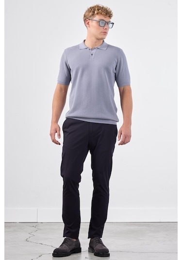 Dufy Gri Polo Düğme Yaka Düz Renk Slim Fit Erkek Triko Gri