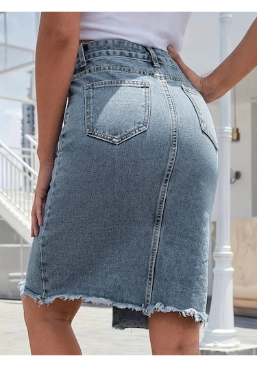 Kadın Elastik Bel Yırtık Kenar Detaylı Kot Etek Mavi