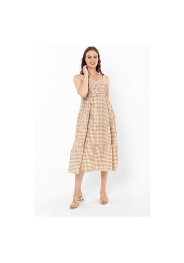 Askılı Pötikare Desenli Yazlık Midi Boy Kadın Elbise 1300