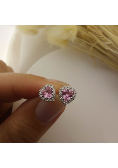 925 Ayar Gümüş Pembe Taşlı Kalp Küpe Gümüş