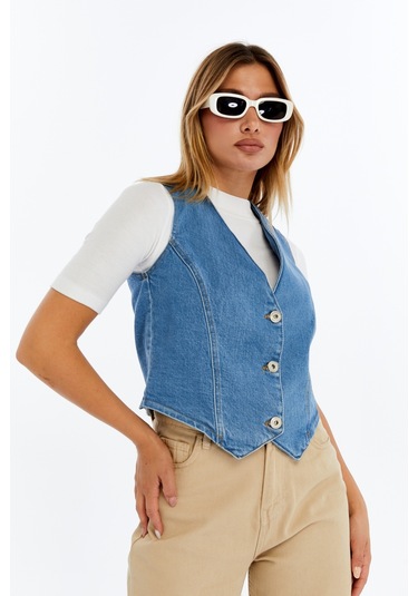 Kadın Denim Yelek Şık Düğmeli Jean Yelek, Günlük Ve Casual Kombin Açık Mavi