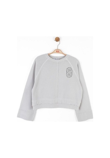 Kız Çocuk Pamuklu İki İplik Salaş Sweatshirt-14719 Gri