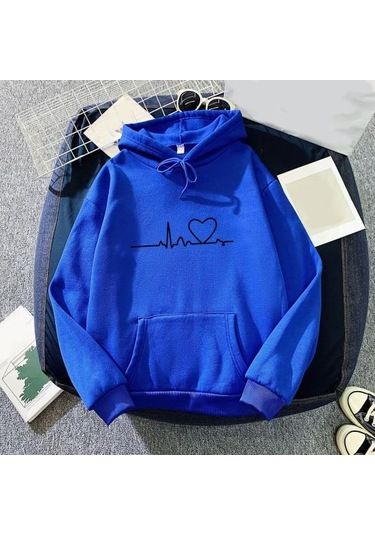 Mor Kazak Unisex Şık Kapşonlu Elastik Manşet Kalp Baskı Çift Kapşonlu Bayan Mor