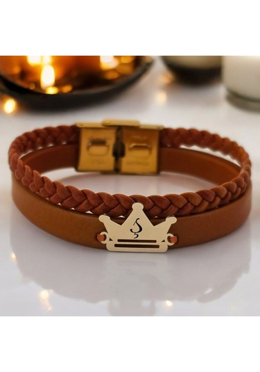 Archin Ş Harfine Özel Taç Motifli 14 Ayar Altın Plakalı Kahverengi Derili Hediye Bileklik-467harf Ş