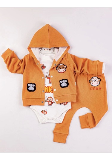 Monkey Nakışlı Kapişonlu Erkek Bebek Takım Turuncu