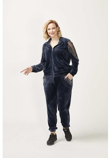 1950 Kolları Taşlı Tam Kalıp Tarz Kadife Büyük Beden Eşofman Takım Lacivert Siyah