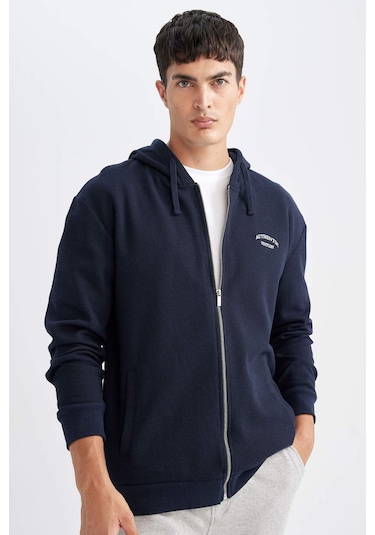 DeFacto Lacivert Relax Fit Kapüşonlu Waffle Baskılı Cepli Fermuarlı Sweatshirt D2629AX24AUNV71 Lacivert