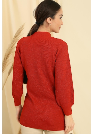 Boyun Dekolteli Saç Örgülü Desen Büyük Beden Spor Tunik Kazak-35198 - Mercan