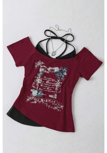 Bordo Nuit Magique Madonna Yaka Ek Askılı Y2k Kısa Kollu Full Body Crop-18095 Bordo