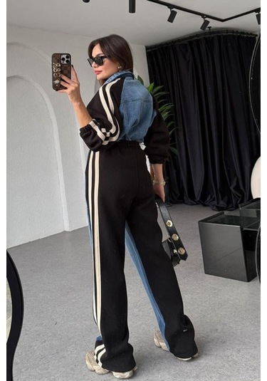 Kadın Kot Garnili Siyah Şeritli Palazzo Alt Üst Takım Çok Renkli