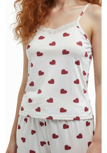 Altı Uzun Üstü Askılı Yumuşak Kırmızı Kalp Desenli Pijama Takımı Beyaz Beyaz