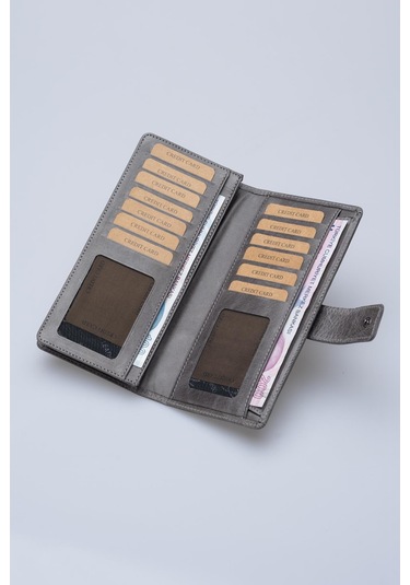 DERİNSS DRC7533 Hakiki Deri Patlı Gri Cüzdan & Telefonluk