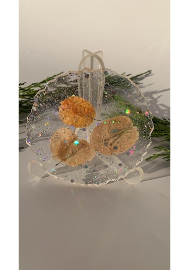 Epoksi İçinde Glitter Turuncu Begonvilli Yuvarlak Bardak Altlığı Şeffaf