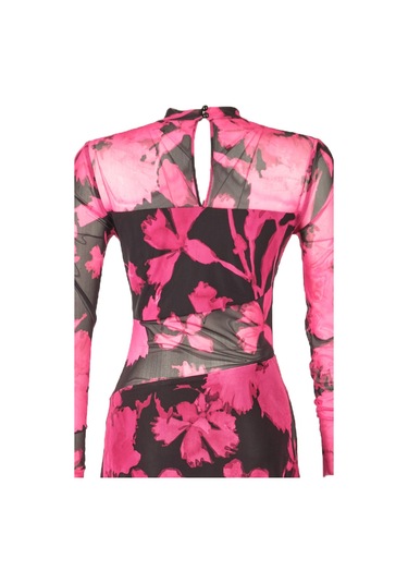 Explosion Uzun Kol Midi Şeffaf Elbise - Çiçek Desenli - Bohemian Stil Fuşya