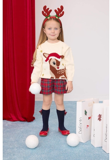 DeFacto Kız Bebek Bisiklet Yaka Yılbaşı Temalı Triko Kazak C8418A524WNBG744 Bej