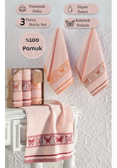 Mutfak Havlu Seti 3 Lü Jakarlı Pamuk Butterfly Pembe