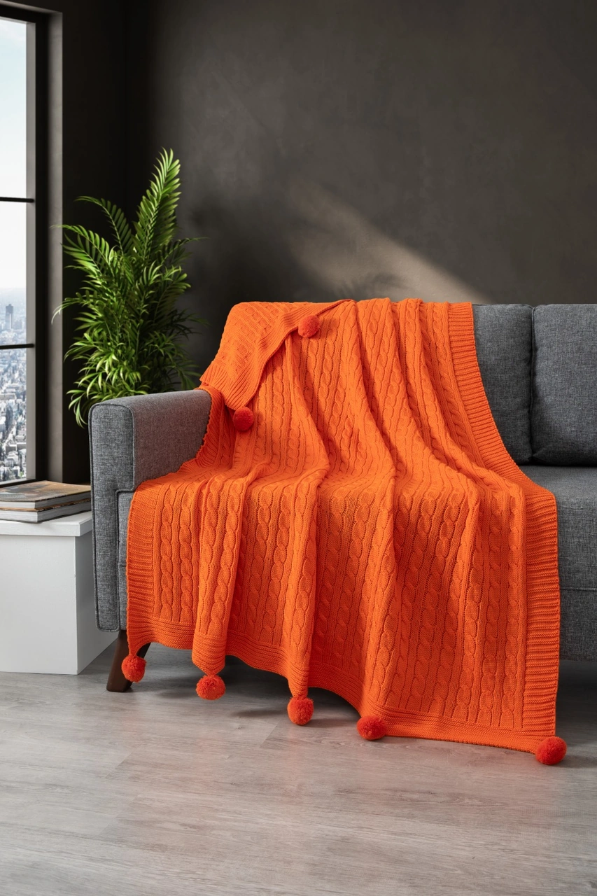 Ponponlu Triko Örme Tv Battaniyesi Örgü Koltuk & Omuz Şalı & Diz Battaniyesi 130x170 Cm-turuncu Turuncu Turuncu