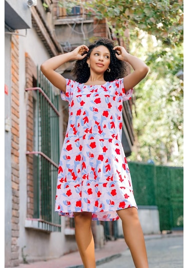 Dökümlü Rahat Kalıp Günlük Penye Kumaş Elbise-mercan Mercan