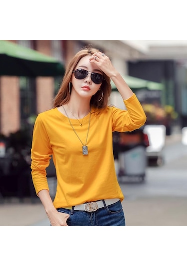 Sarı İlkbahar ve Sonbahar Kadın Bluz Pamuk Gevşek Düz Renk Yuvarlak Yaka Uzun Kollu Üst