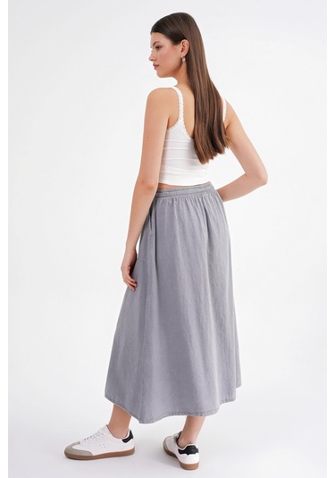 4633 Kadın Yandan Cepli Parçalı Etek Gri Gri