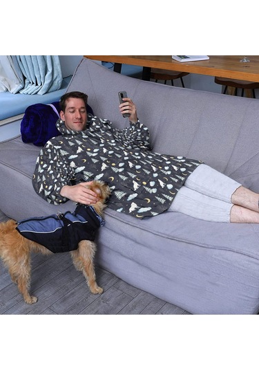 Wolf Desenli Giyilebilir Battaniye Hoodie, Unisex Kalın Flanel, Kapüşonlu,sıcak Rahat-a7 Wolf Night Sky