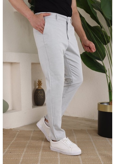 Erkek Casual Slim Fit Cord Desenli Kumaş Pantolon Gri