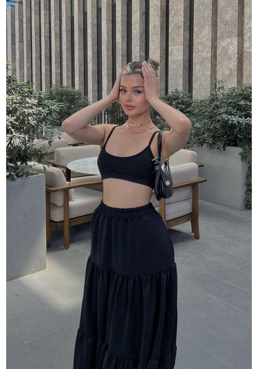 Siyah Pileli Katlı Maxi Etek Siyah