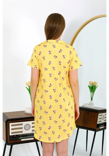 Akbeniz Kadın Pamuk Penye Kısa Kol Düğmeli Sarı Tunik Gecelik 13112 Sarı