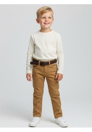 Zekids Erkek Çocuk Kemerli Gabardin Pantolon-16347 Bej