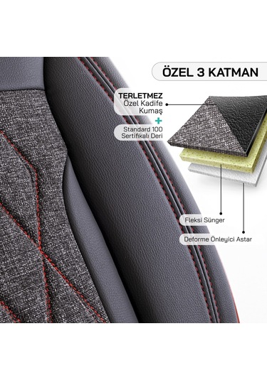 Panda Marmaris Serisi Keten Kumaş Oto Koltuk Kılıfı - Siyah - Kırmızı