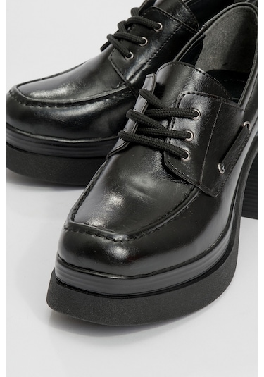 Dudley Siyah Cilt Bağcıklı Kadın Platform Topuklu Ayakkabı Siyah-2