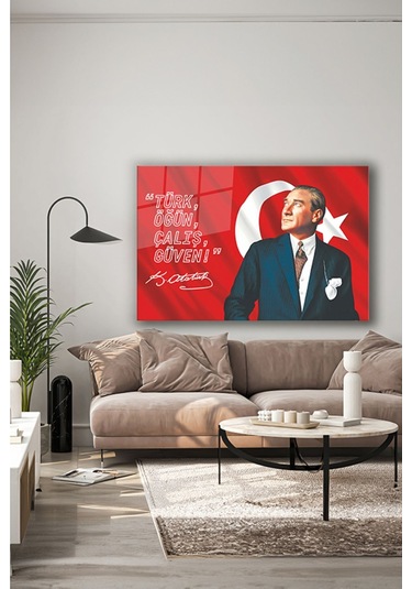 Atatürk Ve Türk Bayrağı Özel Tasarım Yatay Cam Tablo