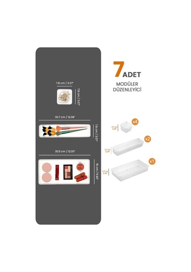 7'li Modüler Çekmece Içi Düzenleyici, Banyo Makyaj Ve Takı Düzenleyici - Ofis Masaüstü Organizer Şeffaf