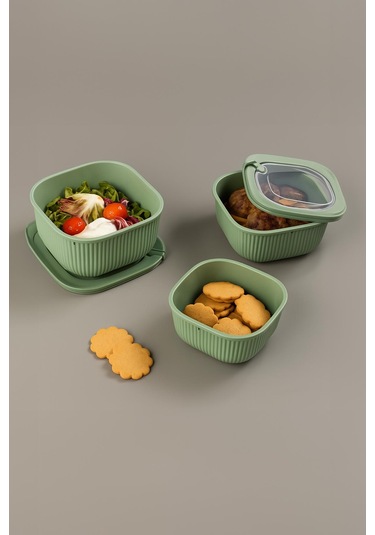 Kare 3 Parça Vakumlu Sızdırmaz Hava Almaz Saklama Kabı Seti Yeşil 1800/1100/600 Ml Yeşil