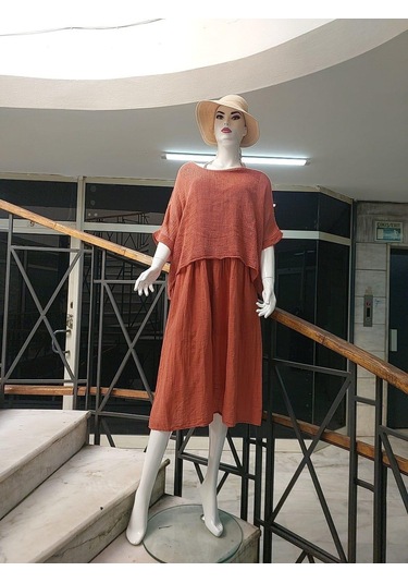 İtalyan Müslin Keteni Üstü File Bluzlu Astarlı Tek Parça Elbise Gül Kurusu