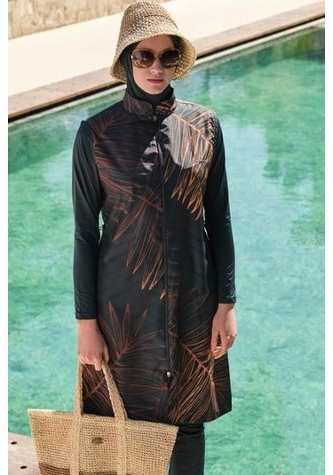 Haşema 3049 Yeşil Gold Yaprak Detaylı Jileli 5 Parça Tesettür Mayo Takımı Çok Renkli