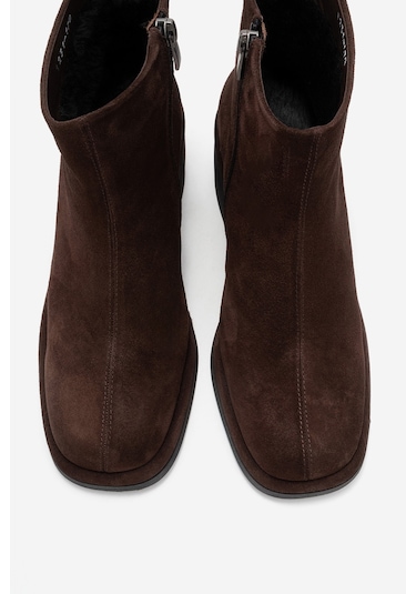 Junae Kahverengi Süet Hakiki Deri Kadın Kalın Topuklu Bot Kahverengi