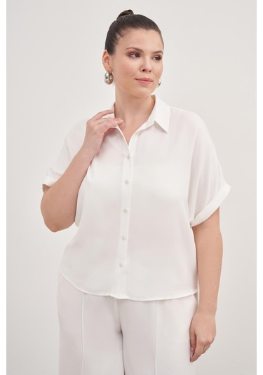 Kısa Kollu Oversize Gömlek-1791 Beyaz