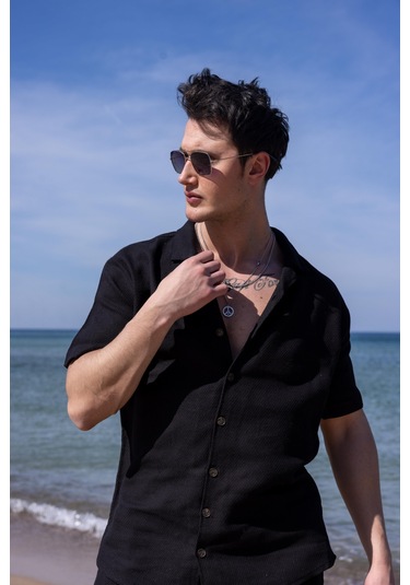 Siyah Renk Gömlek Şort Erkek Keten Takım-1745 Siyah