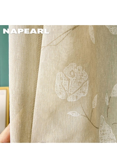 Bej 1 Adet Napearl Modern Taklit Keten Baskı Tül Perde Çiçek Desenli Pencere Sırf Perde Ev Dekor İçin W150cm X L250cm
