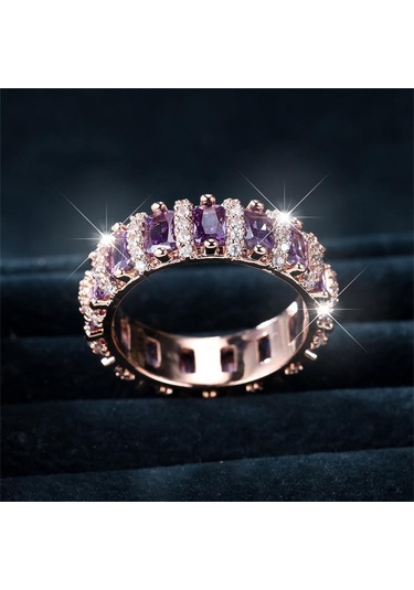 1 Adet Lüks Gül Altın Rengi Mor Zirkon Pençe Yüzükler Nişan Yüzükleri Düğün Band Sevgililer Günü Hediyesi 9 Rose Gold
