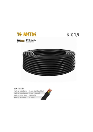 Sgs Elektrik Tesisat Kablosu - 3x1.5 Cca Ttr 24x0.18 - Siyah - 10 Mt.