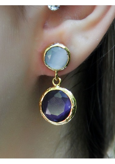 İkili Yuvarlak Modelli Kedigözü Cam Gold Kaplamalı Kadın Küpe Euku25bl Lacivert