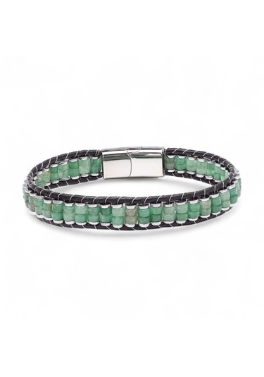 Yeşil Aventurin & Hematit Çelik Örgülü Deri Bileklik 8926 Yeşil