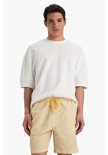 Defacto Regular Fit Desenli File Astarlı Diz Üstü Deniz Şortu E1025ax25hsyl190 Sarı