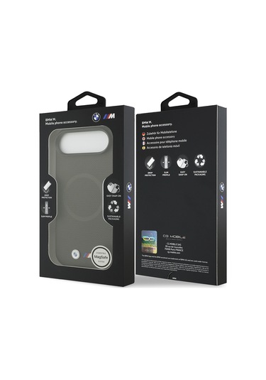 İphone 17 Air Uyumlu Kılıf Bmw Lisanslı M-safeli Metal Logolu Delikli M Dizayn Deri Kapak Füme Füme