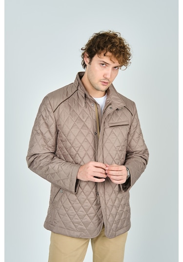 Allegro Erkek Dik Yaka Fermuar Ve Çıtçıt Kapamalı Kapitone Uzun Mont 5444 Bej Bej