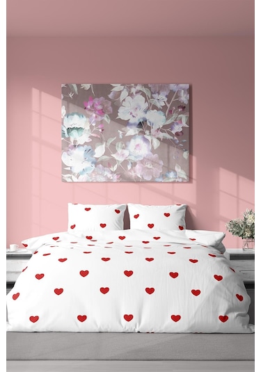 Zeynep Tekstil Nevresim + Yastık Kılıfı Çarşafsız Pamuklu Tek Kişilik Nevresim Seti Kalp Desenli Kırmızı 200 x 220