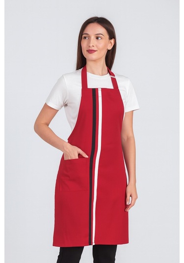 Kadın Boyundan Asmalı Çizgili Barista Şef Mutfak Önlüğü 60x85 Cm Kırmızı