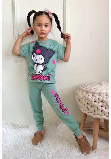 Kız Çocuk Kedi Desenli Kısa Kollu Tshırt Eşofman 2'li Takım-919 Yeşil